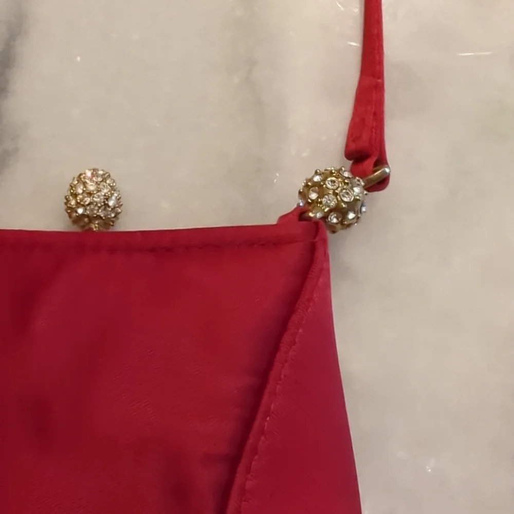 Vintage Valerie Stevens red satin Evening Bag With Jeweled Hardware - Picture 8 of 13